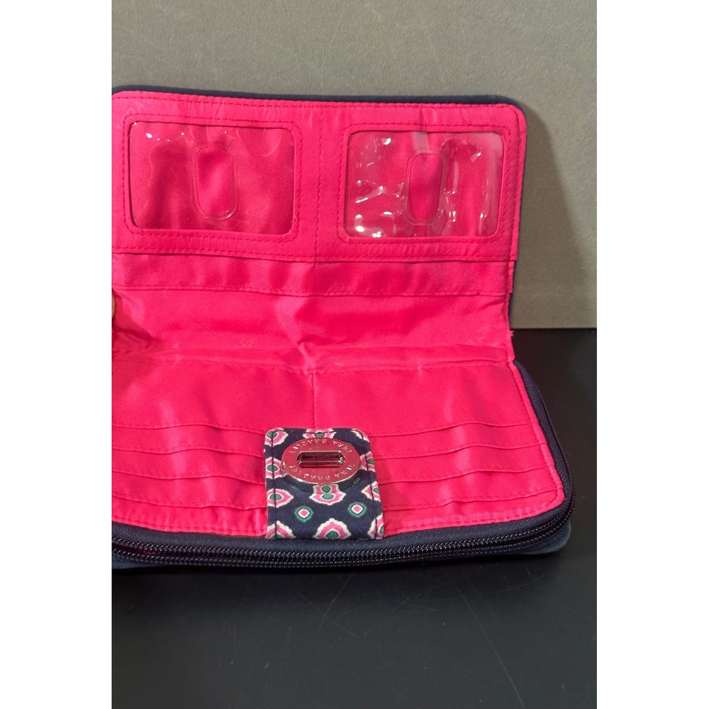 Vera Bradley Turnlock Wallet Navy Pink Green Geometric Quilted Cotton Zip Around - Picture 5 of 6
